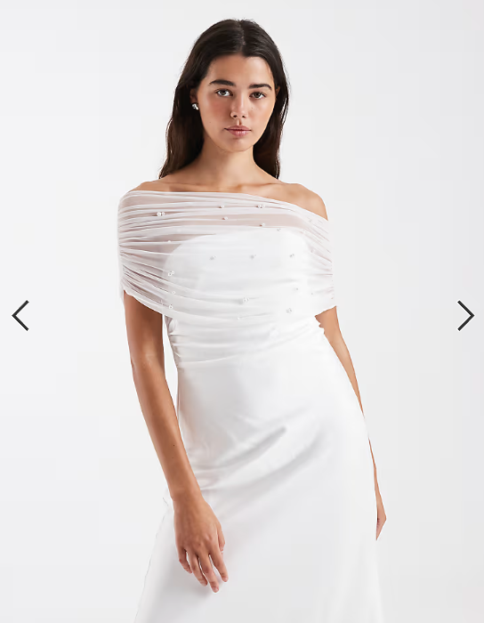 Six Stories Bridal off the shoulder embellished asymmetric hem midi dress in white