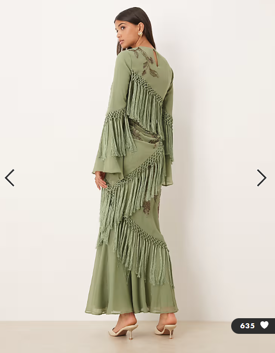 ASOS DESIGN long sleeve floral embellished maxi dress with draped fringing in light khaki