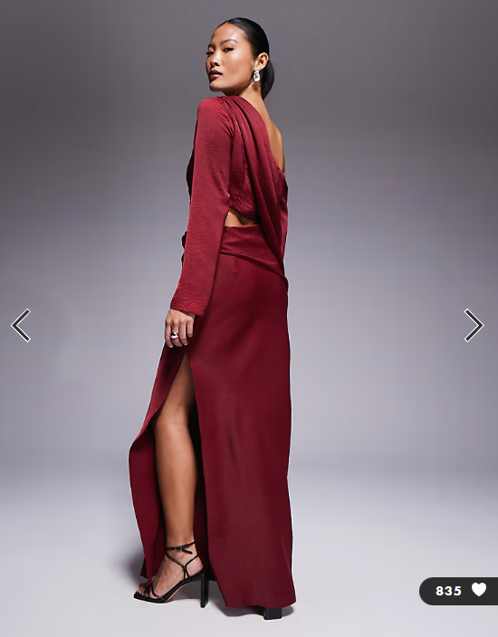 ASOS DESIGN Petite fallen shoulder maxi dress with cutout waist in burgundy