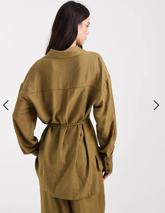 ASOS DESIGN wrap front double tie mensy shirt co-ord in olive