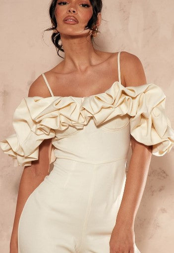 Cream Satin Ruffle Bardot Strappy Jumpsuit