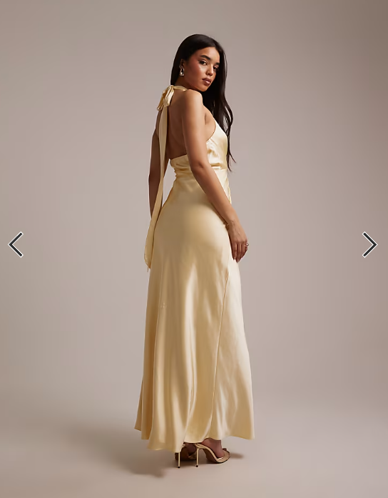 Six Stories Bridesmaids satin plunge neck knot detail maxi dress in lemon