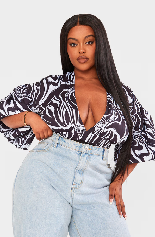 Plus Black Zebra Print Puffball Sleeve Bodysuit