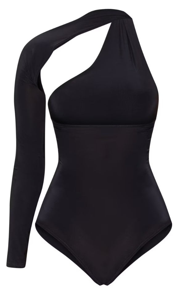 Black One Shoulder Asymmetric Bodysuit
