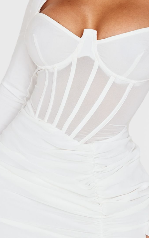 Shape WhiteMesh Insert Corseted Ruched Side Mini Dress