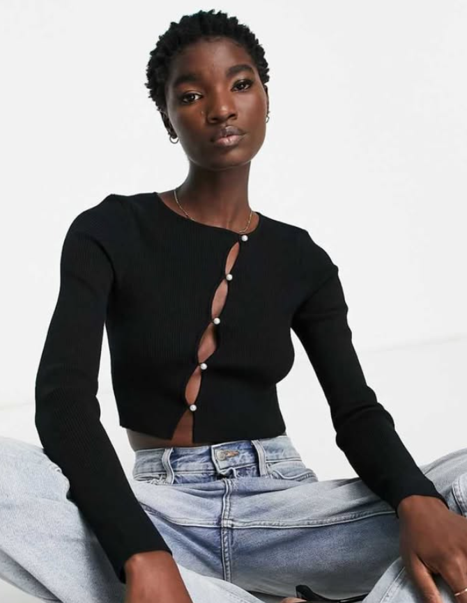 NA-KD fine knit vest with pearl detail in black