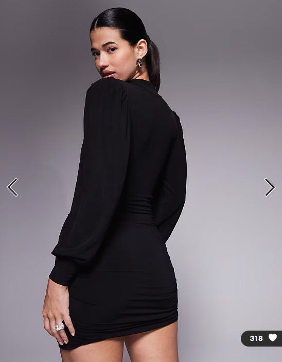 Ruched & Ready Focus On Me removable shoulder pad detail sculpting plunge neck balloon sleeve mini dress in black