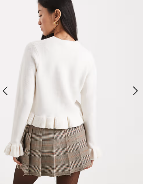 Brave Soul crew neck knitted cardigan with frill cuffs and hem in ivory