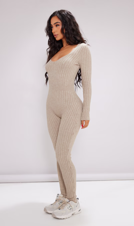 Petite Marl Stone Long Sleeve Knitted Jumpsuit