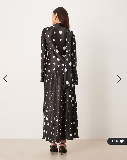 ASOS DESIGN v neck scarf detail long sleeve maxi dress in black spot print