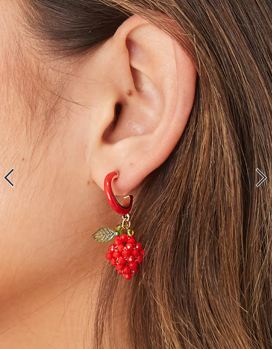 ASOS DESIGN hoop earrings with mini beaded strawberries in red