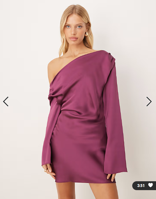 ASOS DESIGN satin drape long sleeve off shoulder mini dress in plum