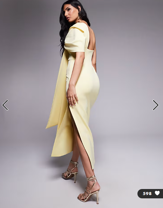 ASOS DESIGN off shoulder bow detail midi dress in yellow in scuba-style fabric
