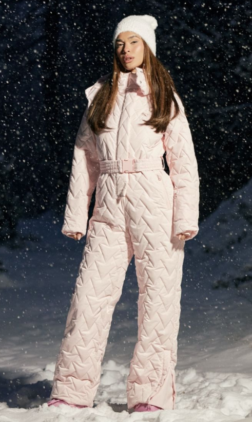 Plt - SKI Baby Pink Chevron Quilted Belted Snow Suit