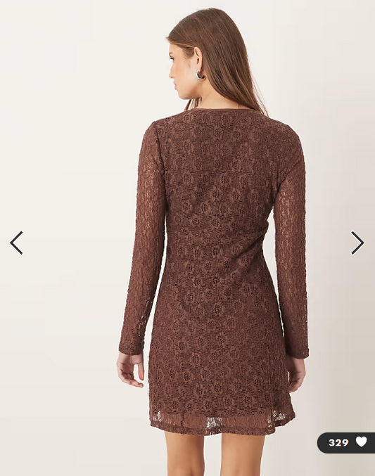 ASOS DESIGN lace long sleeve plunge tie front mini dress in chocolate