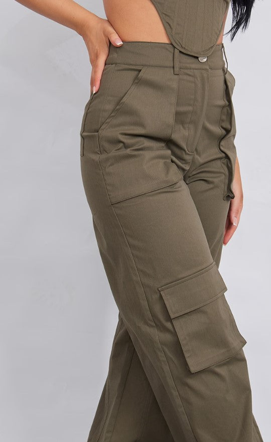 Khaki Twill Pocket Detail High Waist Cargo Trousers