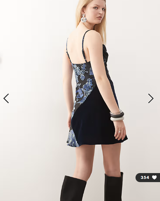 Reclaimed Vintage mini dress with splice velvet panels and floral devore in navy blue