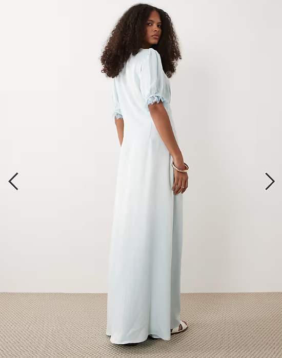 Miss Selfridge satin lace trim button through maxi dress in blue