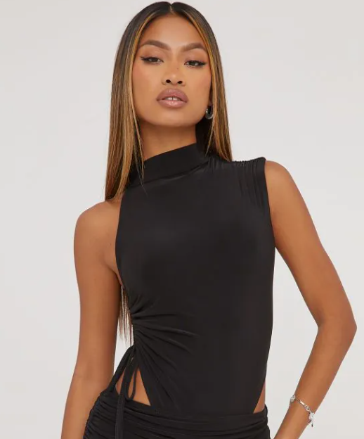 High Neck Ruched Side Detail Bodysuit In Black Slinky