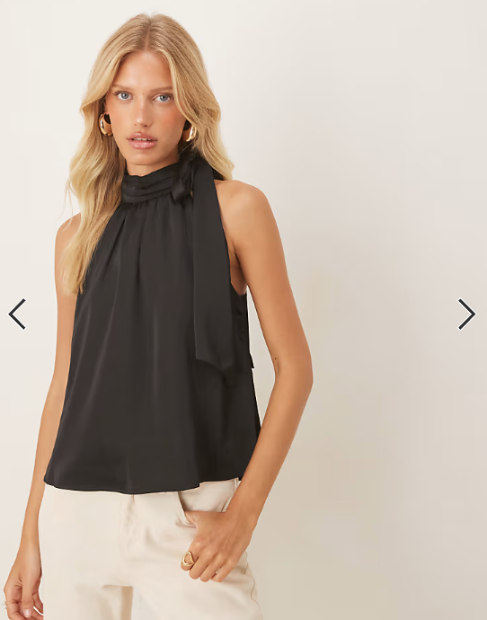 Vila tie neck satin sleeveless top in black