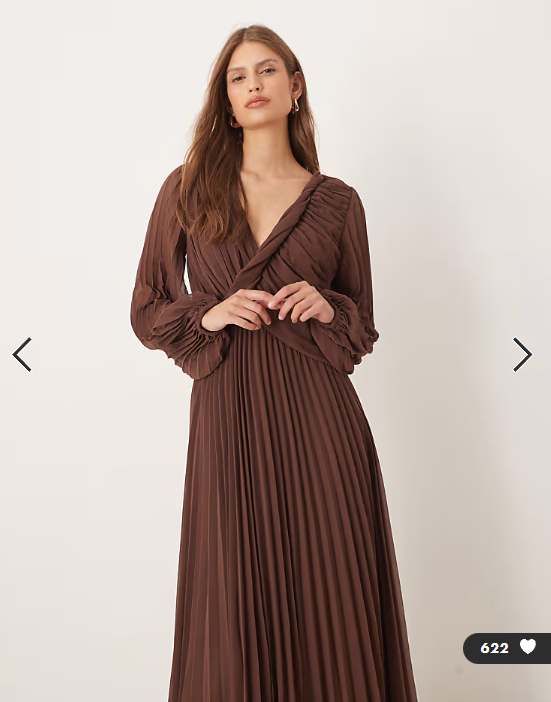 ASOS DESIGN twist detail wrap front pleated midi dress in chocolate