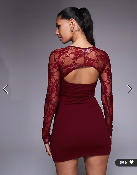 ASOS DESIGN mini dress with cutaway lace long sleeves in burgundy