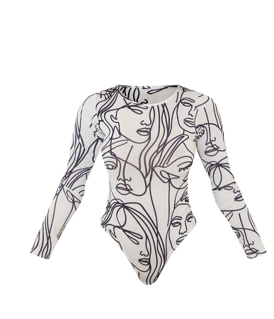 White Abstract Face Print Basic Crew Neck Long Sleeve Bodysuit