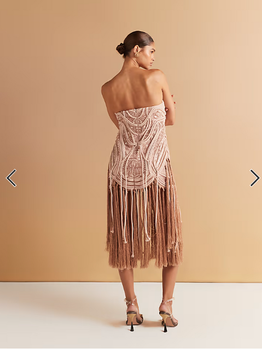 ASOS DESIGN embellished bandeau mini dress with fringing hem in golden bronze