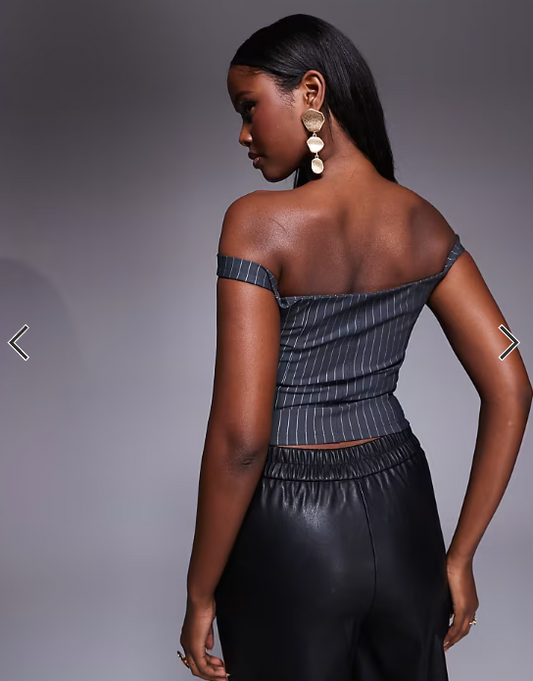 ASOS DESIGN bengaline bardot corset top in grey pinstripe