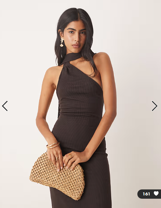 ASOS DESIGN ribbed one shoulder neck scarf midi dress in chocolate