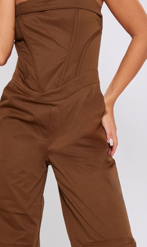 Plt - Petite Brown Corset Detail Cargo Jumpsuit