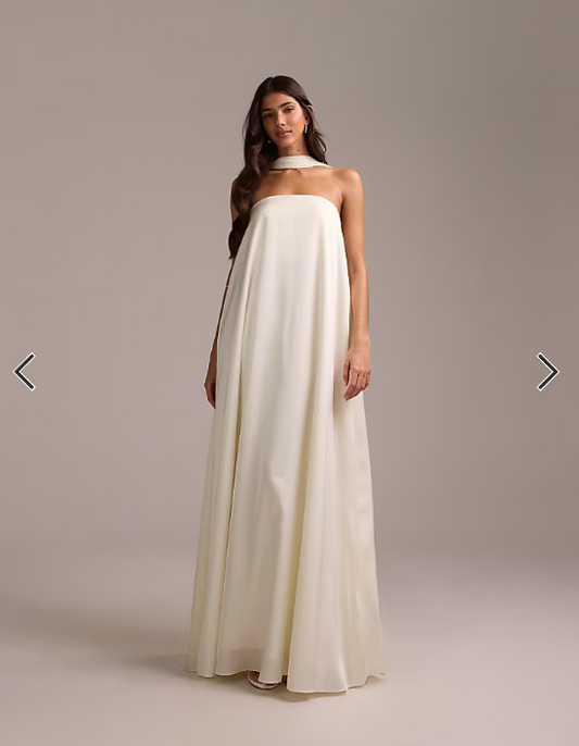 ASOS DESIGN satin bandeau wedding dress with scarf in ivory