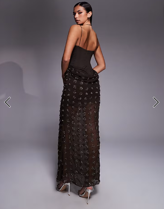ASOS DESIGN embellished contour midi dress with draped skirt detail in chocolate