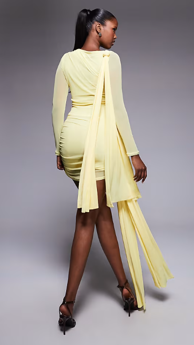 ASOS DESIGN mesh tie shoulder mini dress with knot drape detail in pastel yellow