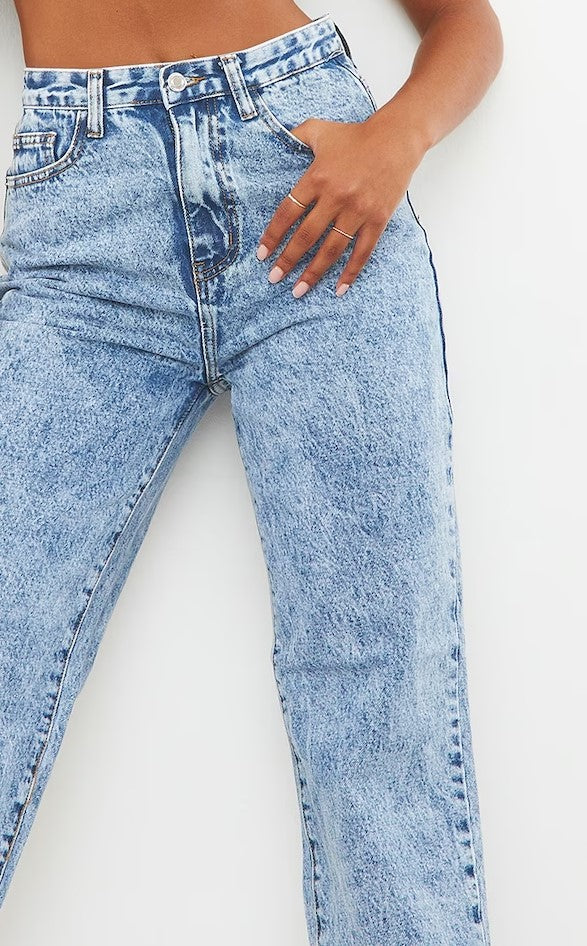 Mid Blue Acid Wash High Waist Straight Leg Jeans