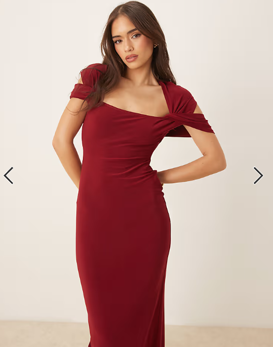 ASOS DESIGN twist shoulder midi dress in burgundy