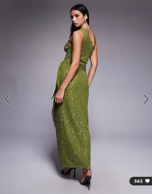 ASOS DESIGN sequin knit twist one shoulder midi dress with drape fringe panels in green