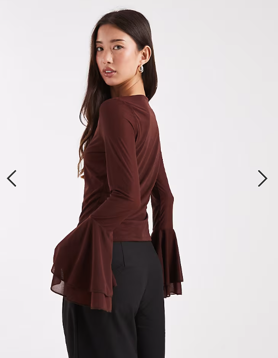 Asos - slinky long sleeve top with mesh flare sleeve detail in chocolate