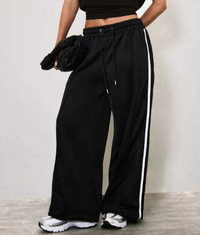 Tie Waist Contrast Stripe Track Pants In Black