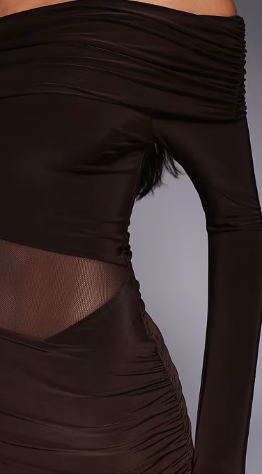 Asos - Kaiia exclusive slinky bardot flare sleeve mesh insert mini dress in chocolate