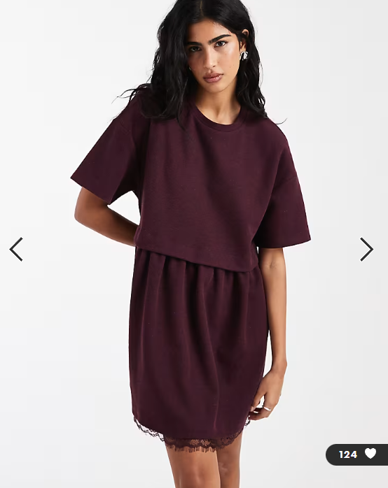 Miss Selfridge short sleeve layered smock dress with lace hem in plum
