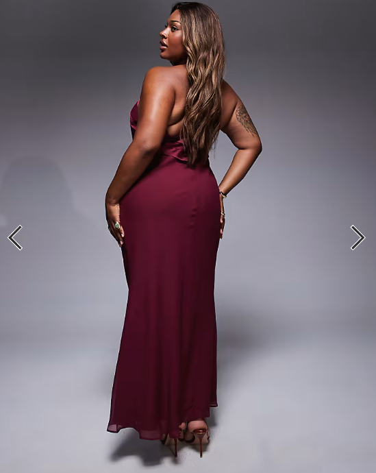 ASOS DESIGN Curve satin tape halter maxi dress in burgundy