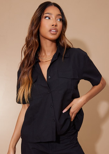 Black Linen Look Pocket Front Short Sleeve Oversized Shirt