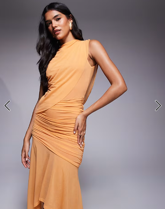 ASOS DESIGN ruched maxi dress with high low hem in apricot