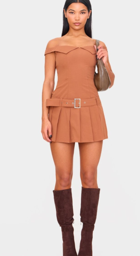 Plt - Taupe Bardot Belted Pleated Shift Dress