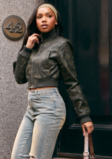 Washed Khaki Faux Leather Rib High Neck Shoulder Padded Bomber Jacket