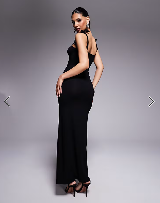ASOS DESIGN square neck knotted strap detail maxi dress in black