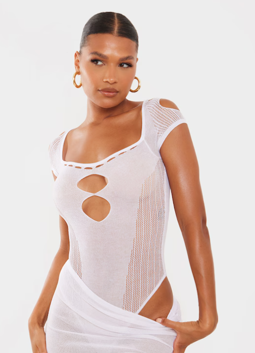 White Sheer Knit Cut Out Panelled Bodysuit