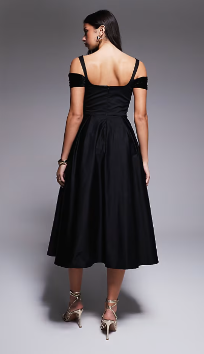 ASOS LUXE midi dress with full skirt and velvet inserts in black