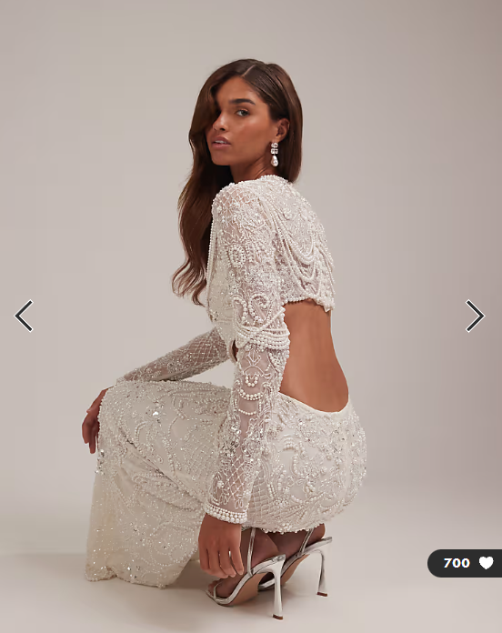 ASOS DESIGN ornate pearl embellished column maxi wedding dress with cut away waist in ivory
